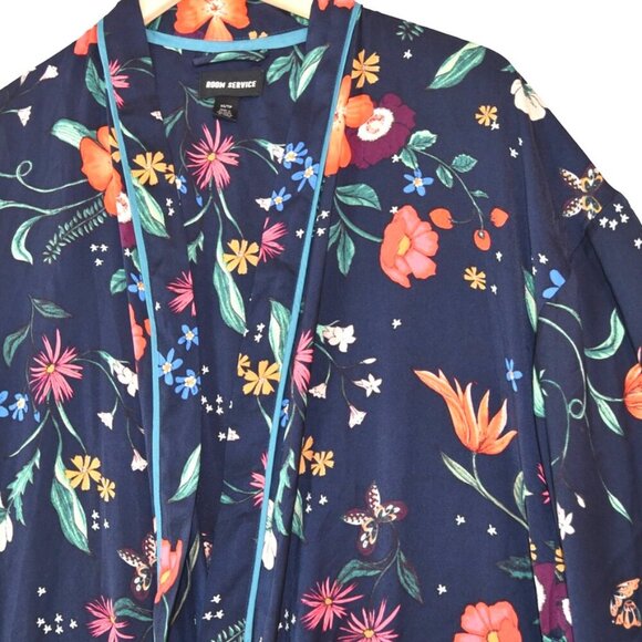 Room Service Drink Champagne Floral Robe Kimono XS Navy Lounge Wrap *No Belt* - Picture 4 of 8